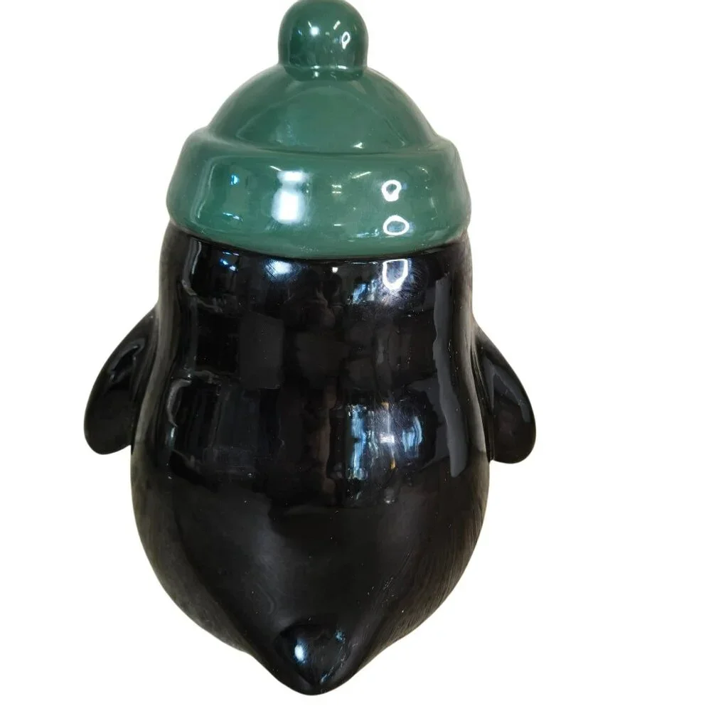 Rae Dunn COZY Penguin w Green Pom Pom Hat Winter Holiday Decor 8" - Picture 3 of 10